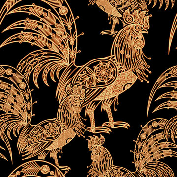 Seamless pattern with decorative roosters.