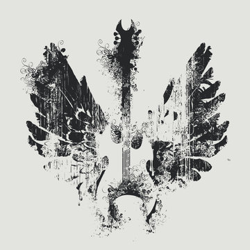 vector illustration with an electric guitar and wings with splashes and curls