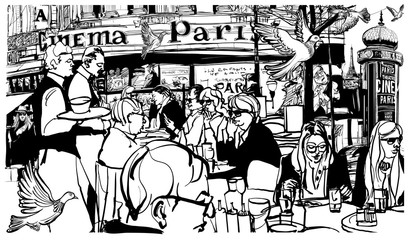 Customers at traditional outdoor Parisian cafe