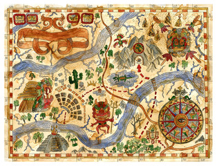 Hand drawn vintage adventures map with pirate treasures and wind compass