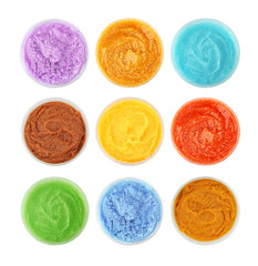 Collage of natural scrubs in container on white background