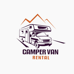 camper van outlined sketch, emblem and label tmplate