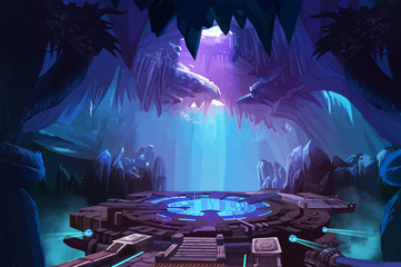 Mystery Cave with Sci-Fi Building. Video Game's Digital CG Artwork, Concept Illustration, Realistic Cartoon Style Background
