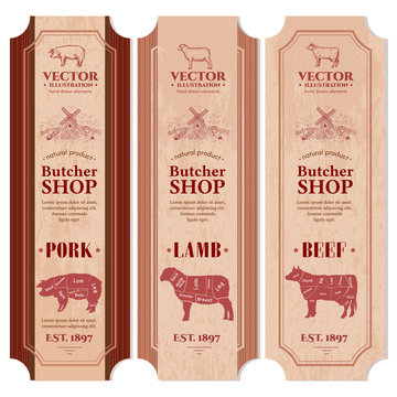 Butcher shop packaging design label fresh beef, pork, lamb