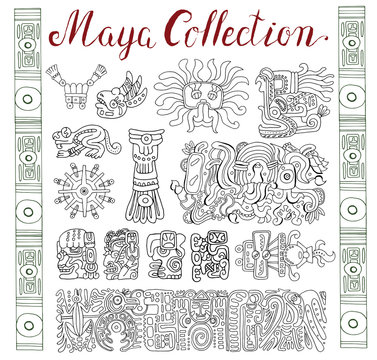 Vintage collection with hand drawn maya and aztec patterns and symbols