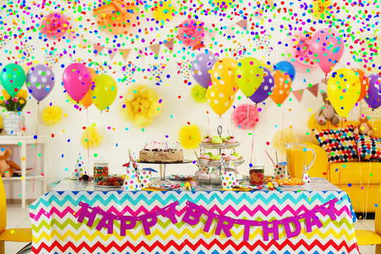 Colorful dessert table with decoration for child birthday