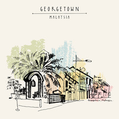 View of Chulia street in Georgetown, Penang, Malaysia, Southeast Asia. Mosque entrance gate, palm trees. Hand drawing. Travel sketch. Vintage artwork. Book illustration, postcard or poster