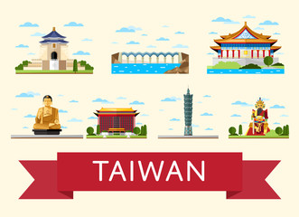 Taiwan travel set of famous asian attractions on white background, vector illustration. Time to travel concept. Asian architecture in flat design. Worldwide traveling. China landmarks collection