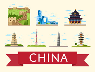Naklejka premium China travel set of famous asian traditional and modern buildings on white background. Time to travel concept. Asian architecture in flat design. Worldwide traveling. China landmarks collection