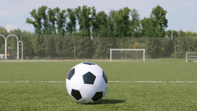 Soccer ball rolls on a grass and stands on a field