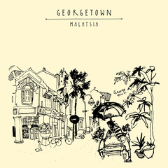 Little India district in Georgetown, Penang, Malaysia, Southeast Asia. Bicycle rickshaw with umbrella, historic buildings. Hand drawing. Travel sketch. Book illustration, postcard or poster