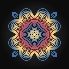 Round symmetrical pattern in blue, white and fuchsia colors. Mandala.