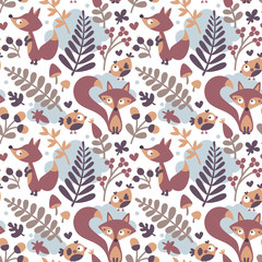 Seamless cute autumn pattern made with fox, bird, flower, plant, leaf, berry, heart, friend floral nature acorn Rowan mushroom wild