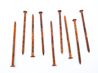 Nails old rust brown. Placed on a white background.