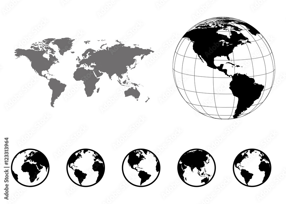 Poster set of globes with different continents and a map earth