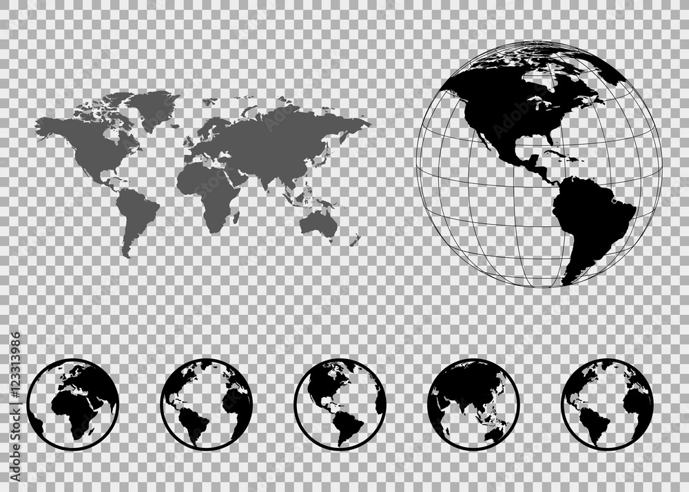 Poster set of globes with different continents and a map earth