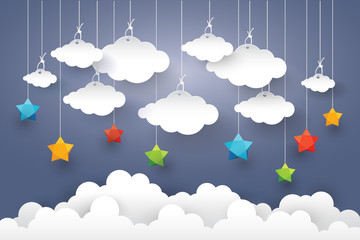 Cloud in Blue sky with Star Paper art Style.vector Illusatration