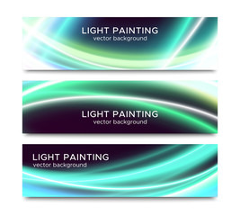 Set of horizontal banners with abstract waved light trails on black background for website header or flyer template. Vector illustration