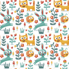 Seamless cute animal pattern made with cat, hare, rabbit, bee, flower, plant, leaf, berry, heart, friend, floral, kitten