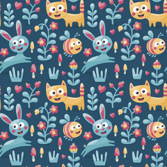 Seamless cute animal pattern made with cat, hare, rabbit, bee, flower, plant, leaf, berry, heart, friend, floral, nature