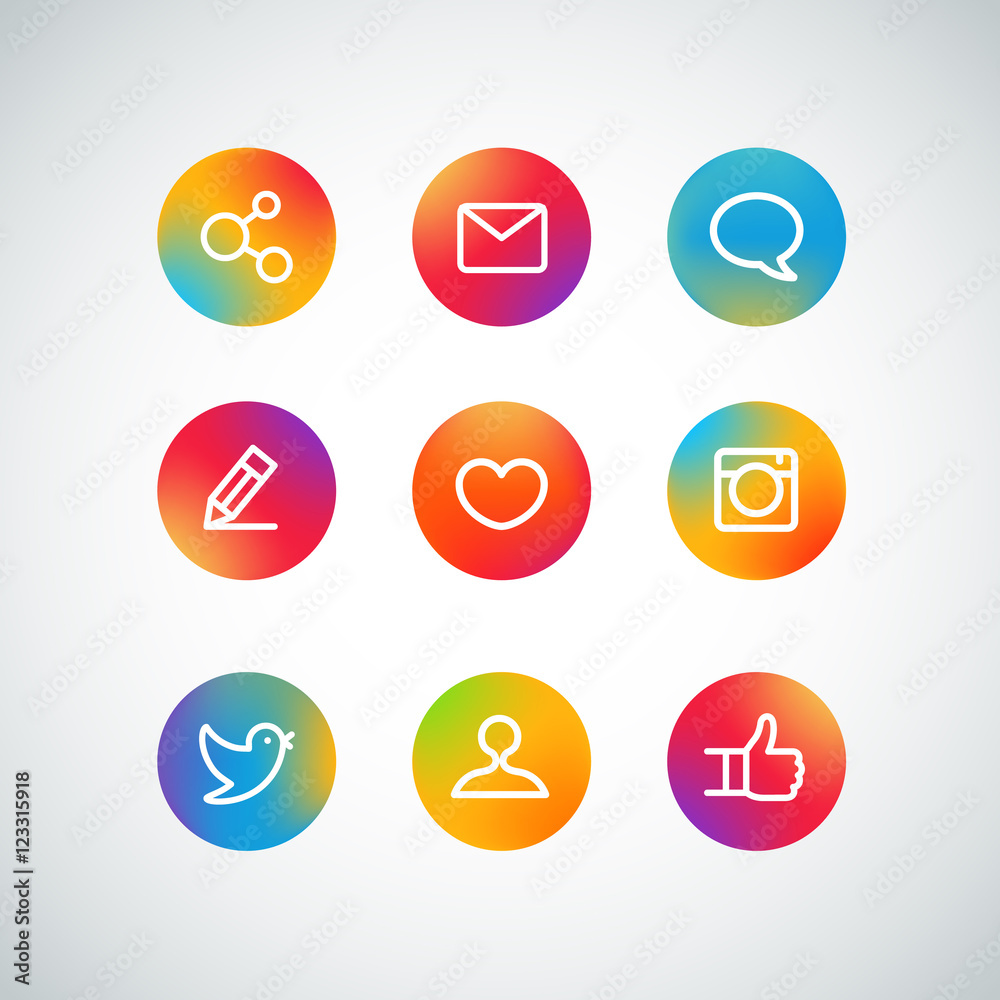 Poster different web color icons set. social media pictograms