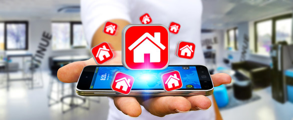 Businessman using modern mobile phone to rent a flat