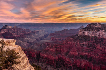 Sunset Over the Grand Canyon Seen from Bright Angel Point on North Rim of the Grand Canyon, Arizona