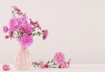 Aster amellus bouquet in ceramic vase on white background