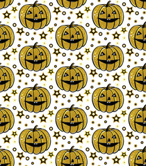 Halloween seamless pattern with gold pumpkin