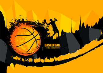 Fototapeta premium Design banner template for basketball. The poster in grunge style with the player. Geometric, polygon background. Fiery ball. EPS file is layered.