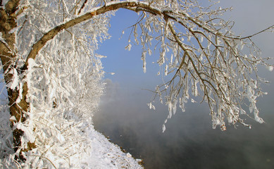 frosty misty morning on the winter river