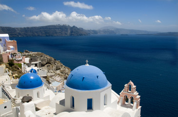 The village of Fira overlooking the sea on the island of Santorini, Greece