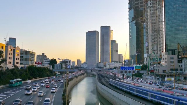 Central Tel Aviv skyline with traffic

