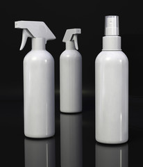 White plastic cleaning spray bottle on black background