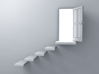 Opened door with bright light and stair on empty white wall background with shadow 3D rendering