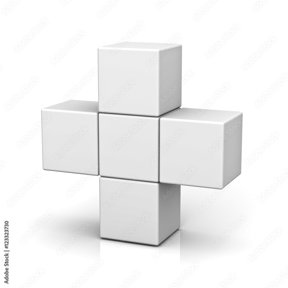 Fototapete blank boxes forming plus sign concept isolated on white background with reflection 3d rendering