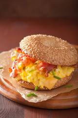 breakfast sandwich on bagel with egg bacon cheese