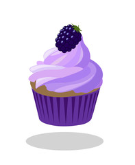 Blackberry cupcake with berry and purple violet paper case. Vector isolated.