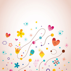 abstract art illustration with cute little characters design elements