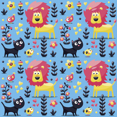 Seamless cute animal pattern made with cat, lion, bird, flower, plant, leaf, berry, heart, friend