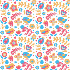 Seamless cute spring floral pattern made with flowers, birds, plants, strawberry, cherry, berries, leaves, nature, summer