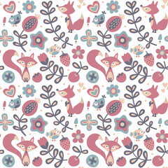 Seamless cute spring floral pattern made with flowers, fox, birds, plants, strawberry, cherry, berries, leaves, nature, summer