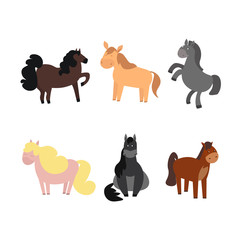 Cartoon Funny and Cute Horses or Pony Set. Vector