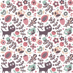 Deurstickers Seamless cute animal pattern made with cat, bird, flower, plant, leaf, berry, heart, friend, floral, nature © ejevyaka