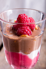 Glass of chocolate and rapsberry dessert