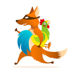 Vector funny cartoon illustration smiling thief fox kidnapped pop-eyed rooster