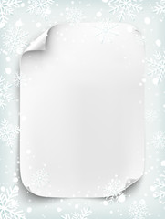 Blank white sheet of paper on winter background.