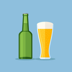 Green bottle and glass with beer on blue background. Flat style vector illustration.
