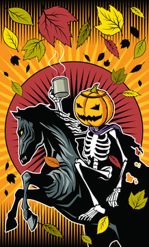Illustration of Halloween pumpkin skeleton ride on skeleton horse