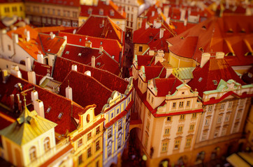 Red Prague roofs - view from the City Hall, travel european background with tilt-shift blurred effect